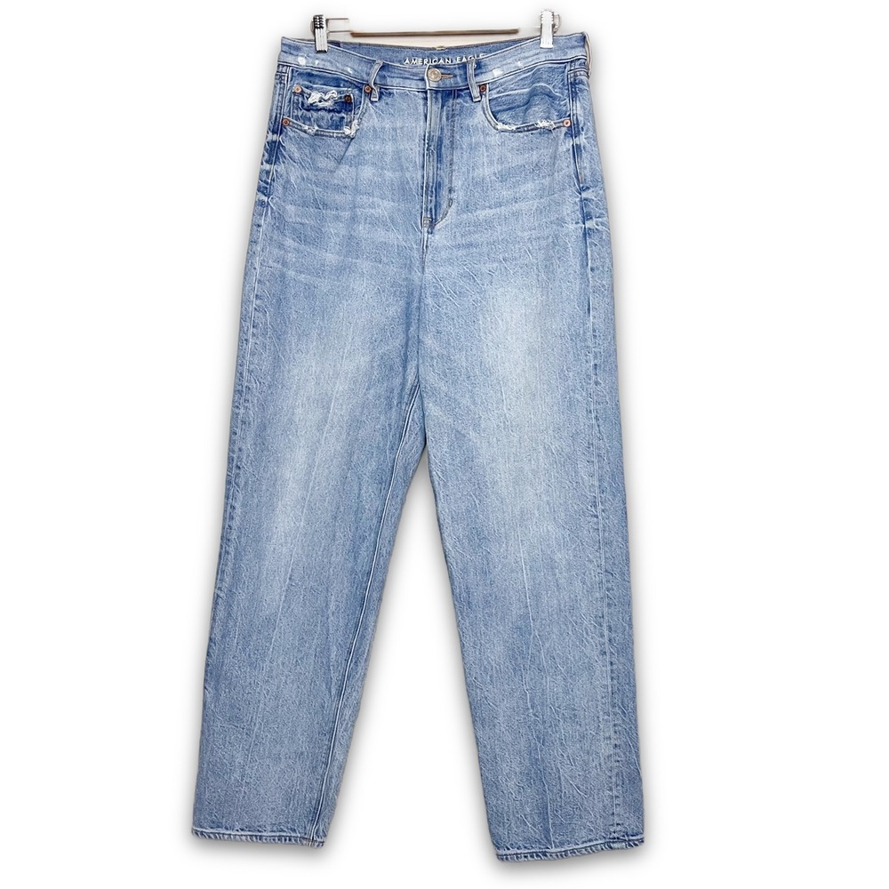 American Eagle Jeans Baggy 12‎ High Rise Light Wash Distressed 100% Cotton Rigid